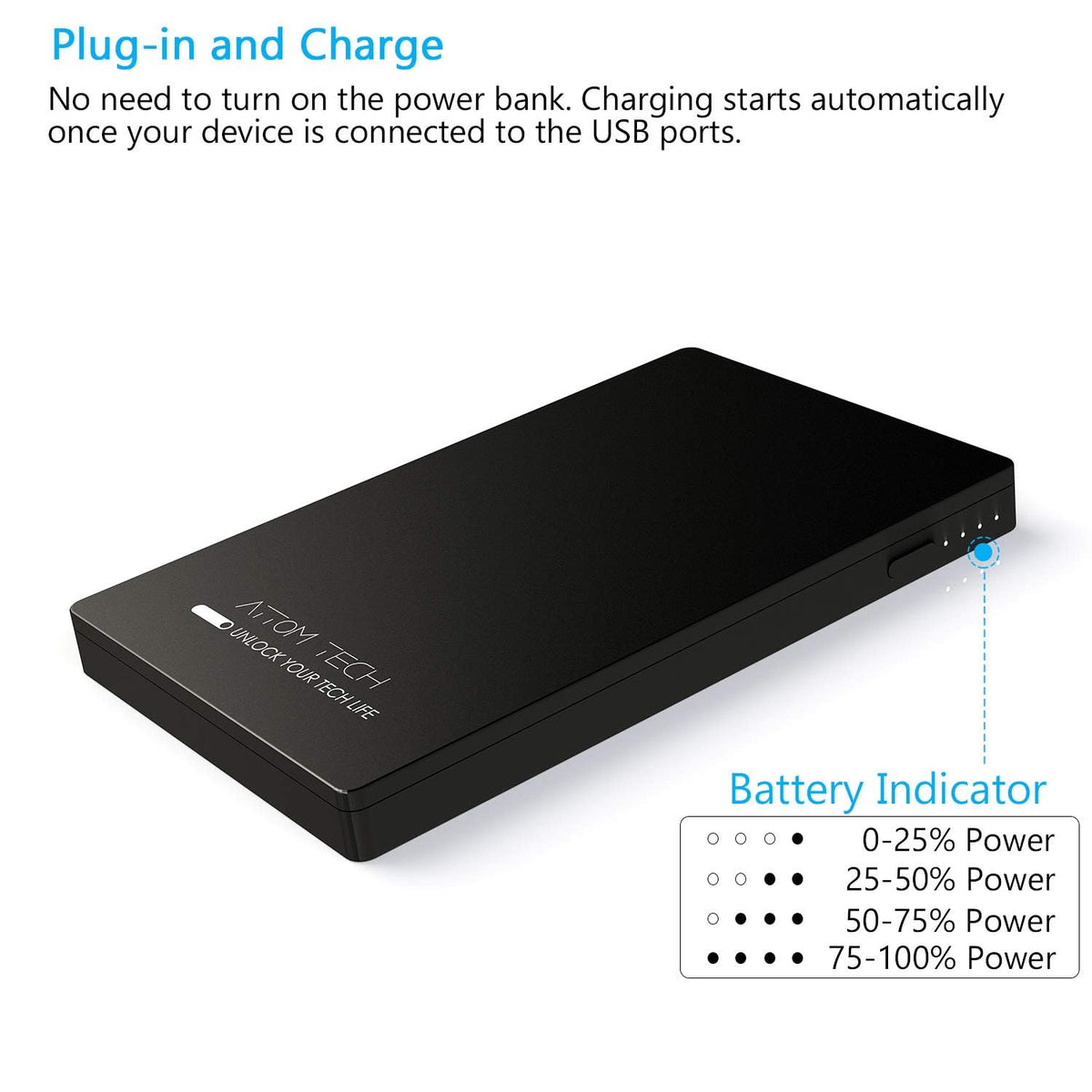 Attom Tech Dual USB Output Super Slim Power Bank Ultra Thin, 3000mAh Portable Charger Mini External Phone Battery Pack Small Dual Outlet, Emergency Phone Power Backup (Black)