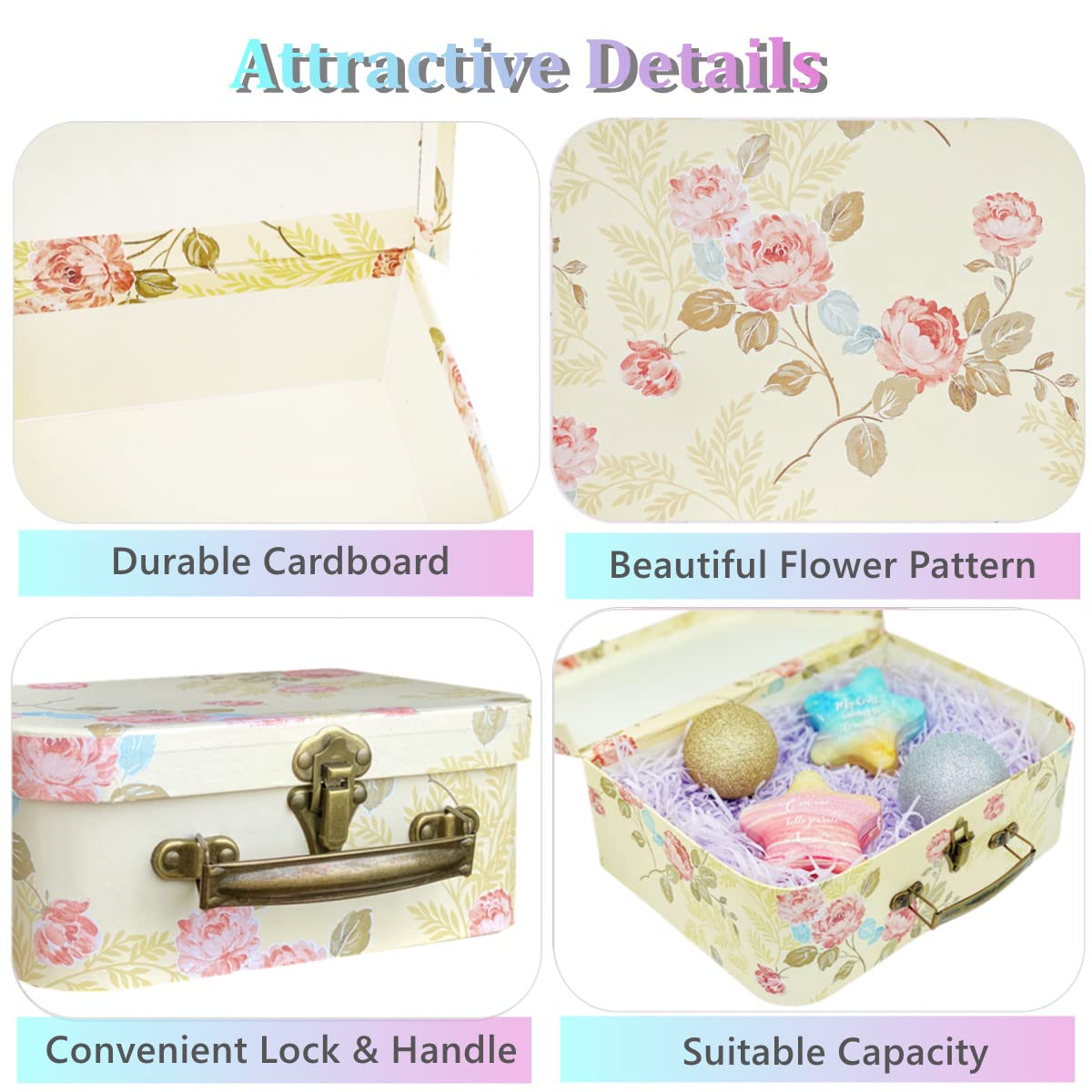Amedoo Paperboard Suitcases(Set of 3), Gift Boxes With Lids For Presents, Photo Storage, Dolls, Perfect for Home Decoration, Baby Shower Wedding, Birthday, Christmas and New Year Decor(Yellow Flowers)