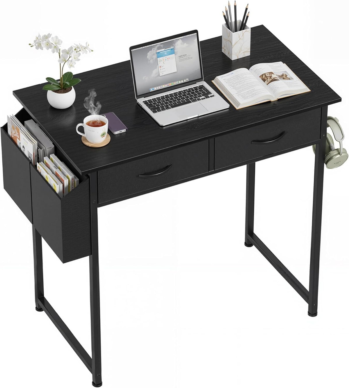 OLIXIS Small Desk with Fabric Drawers for Home Office, 32 Inch Gaming Computer Desk with Side Bag, Headphone Hook Writing Study Work Table for Bedroom Small Sapce, Chic Black