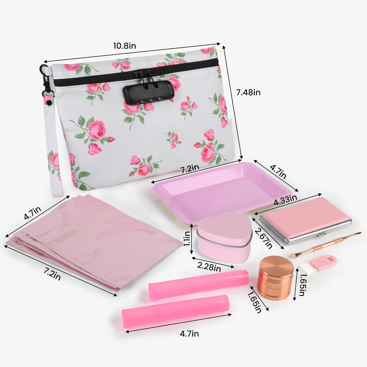 Aobelan Pink Rose Travel Pouch - Waterproof with Combination Lock, 8 Accessories and Gift Box