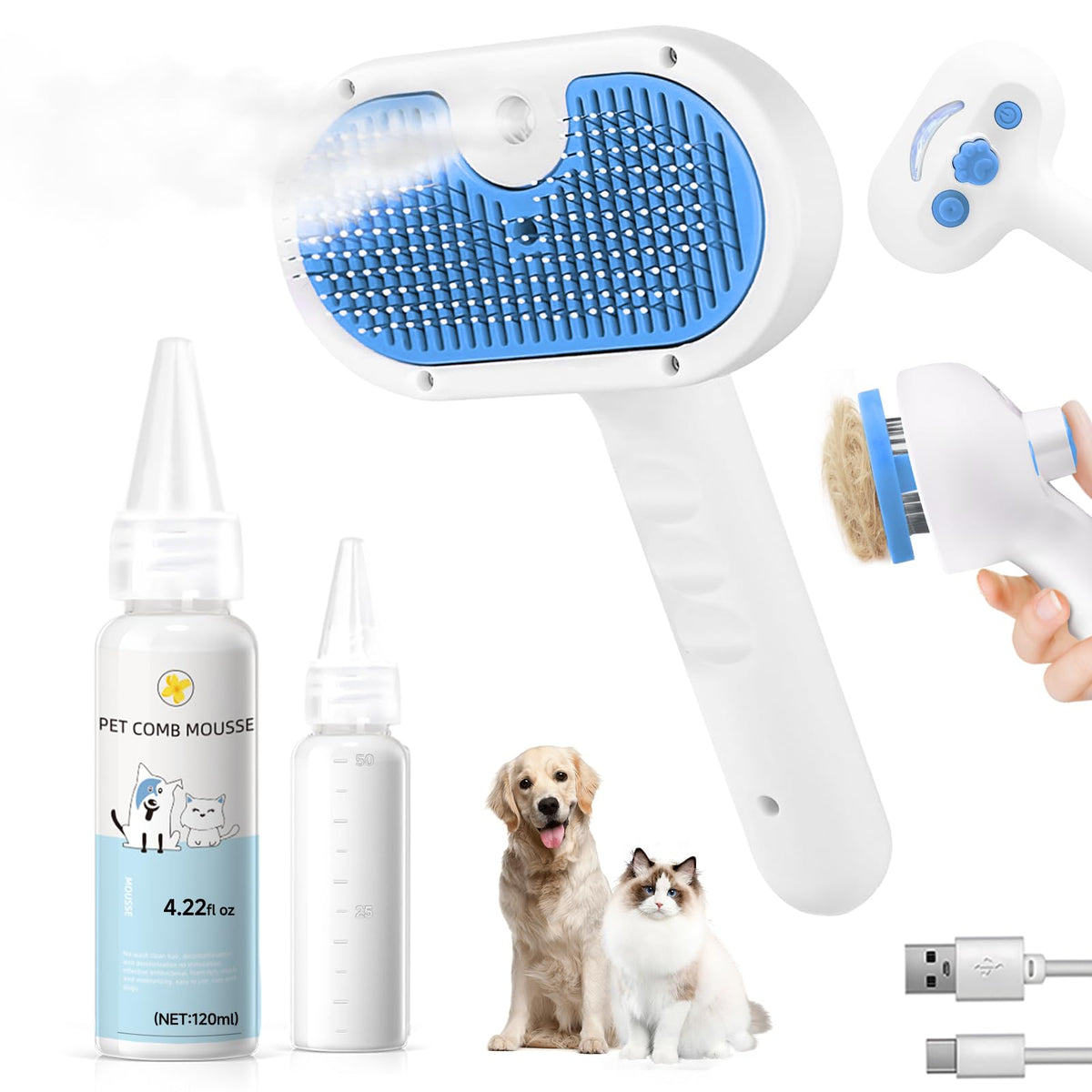 Pet Steam Brush for Dog & Cat - 3-in-1 Steam Grooming Brush for Shedding & Hair Removal - Self Cleaning Spray Comb with Mist for Long Haired Pets - Includes 1*Waterless Shampoo, Blue.