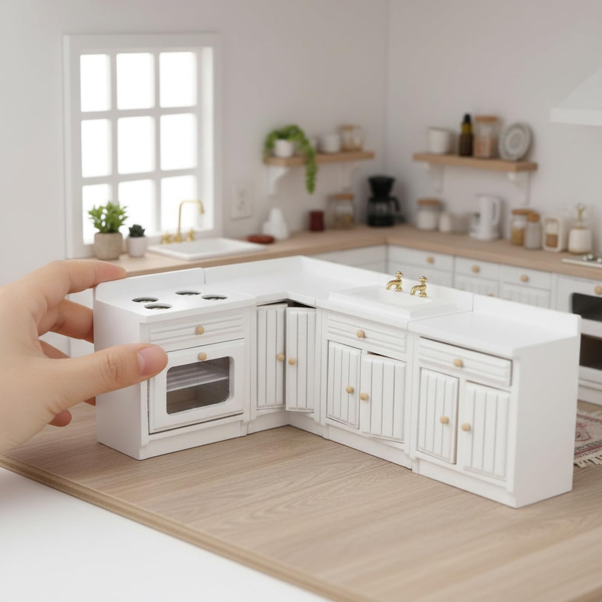 Miniature Furniture Dollhouse Kitchen Cabinets Set 1:12 Scale Wooden Model Freely Combined 4PCS Mini House Accessories Furnishings Kit Decoration Gift (White)
