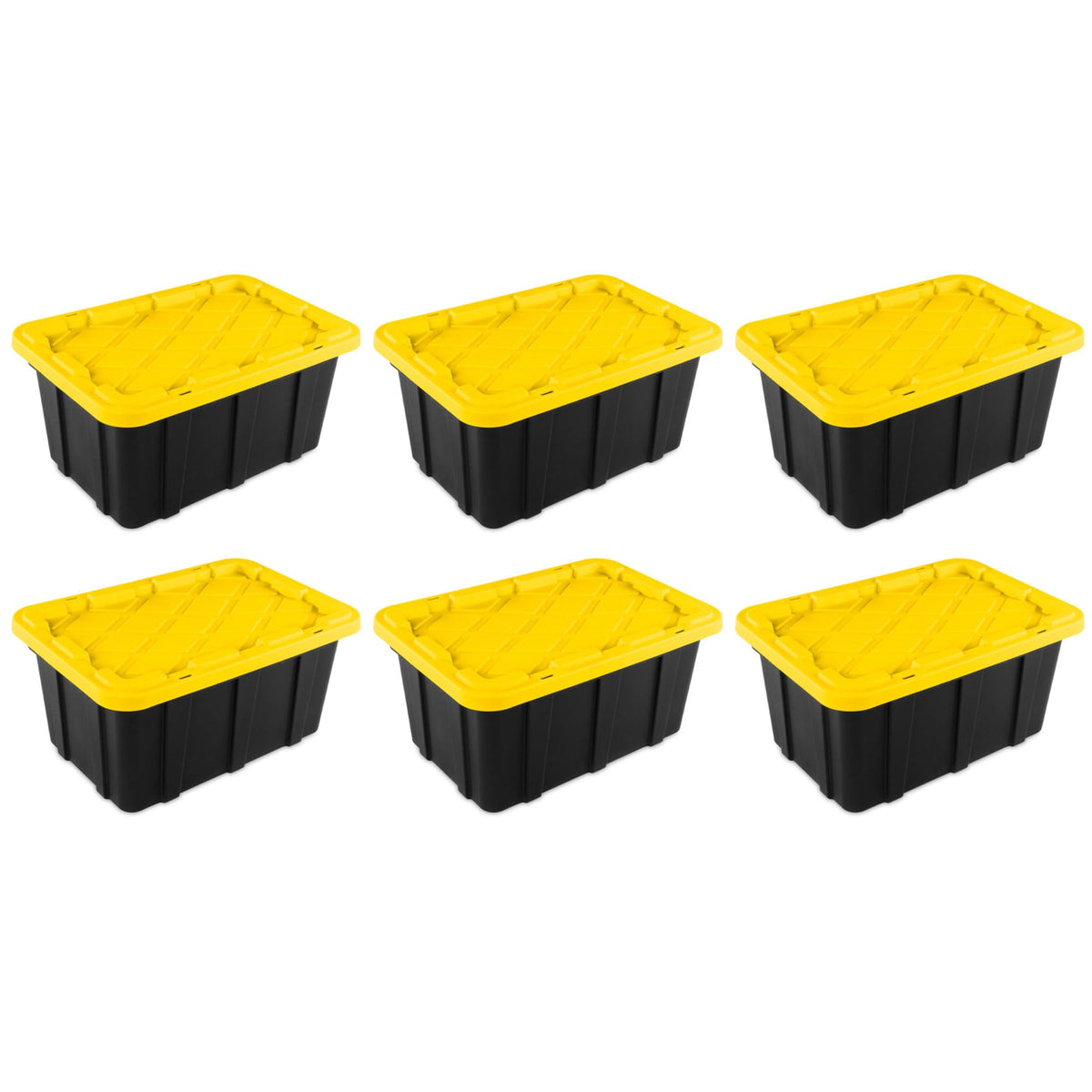 Sterilite 17 Gal Industrial Tote, Stackable Storage Bin with Snap-Fit Lid for Garage, Basement & Attic Storage, Black Base and Yellow Lily Lid, 6-Pack