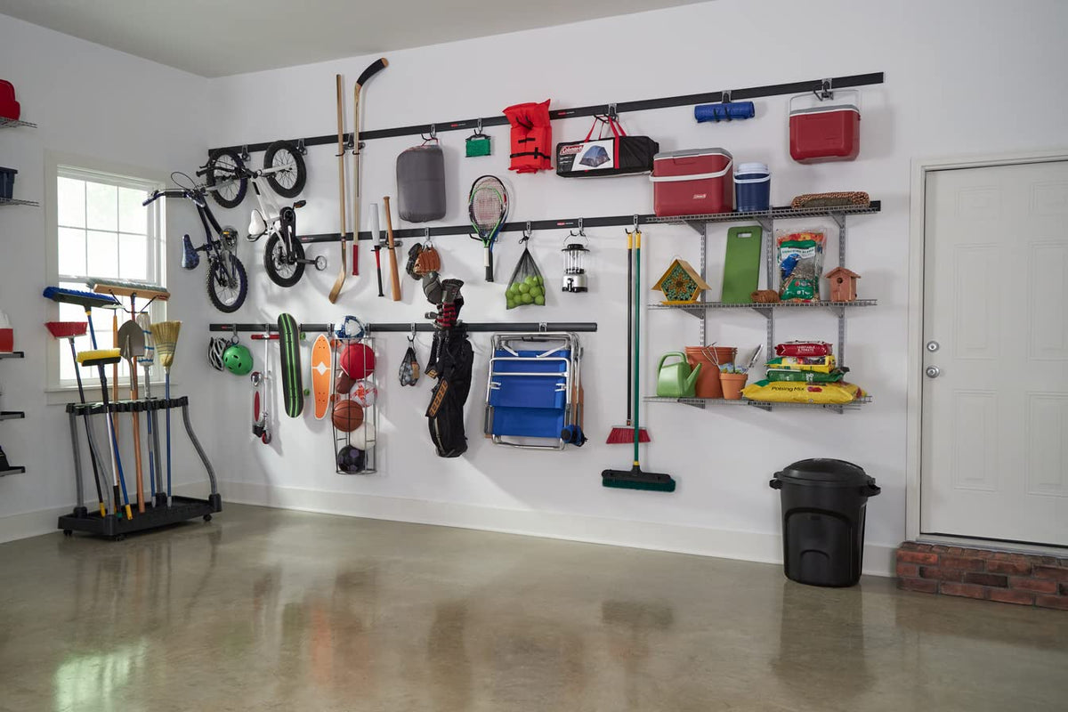 Rubbermaid 24-Piece FastTrack Garage Wall-Mounted Storage Kit, 6 Rails and 18 Hooks, Black, for Home/House/Tool/Sports/Equipment/Utility Purposes