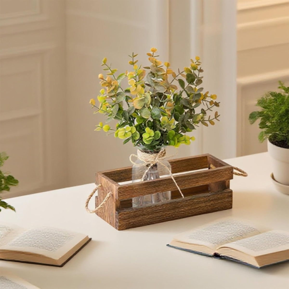 Fawairyc Artificial Eucalyptus Stems in Glass Vase with Faux Water,Combined with Wood Tray Centerpiece Table Decoration,11" Fake Plant with Orange-Green Leaves for Home Decor