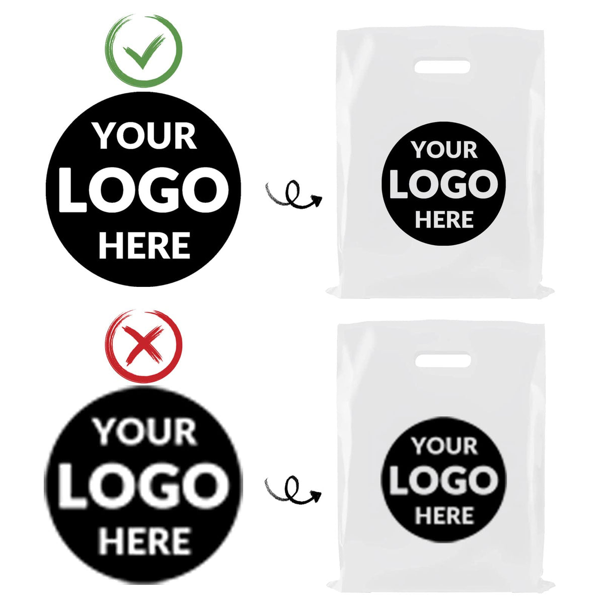 100 SALIFECO Custom Plastic Bags with Logo, 2.36Mil Personalized Shopping Bags with Die Cut Handles, Glossy Gift Bags for Small Business, Boutique, Retail, Trade Shows, Events, Parties (6x8In)