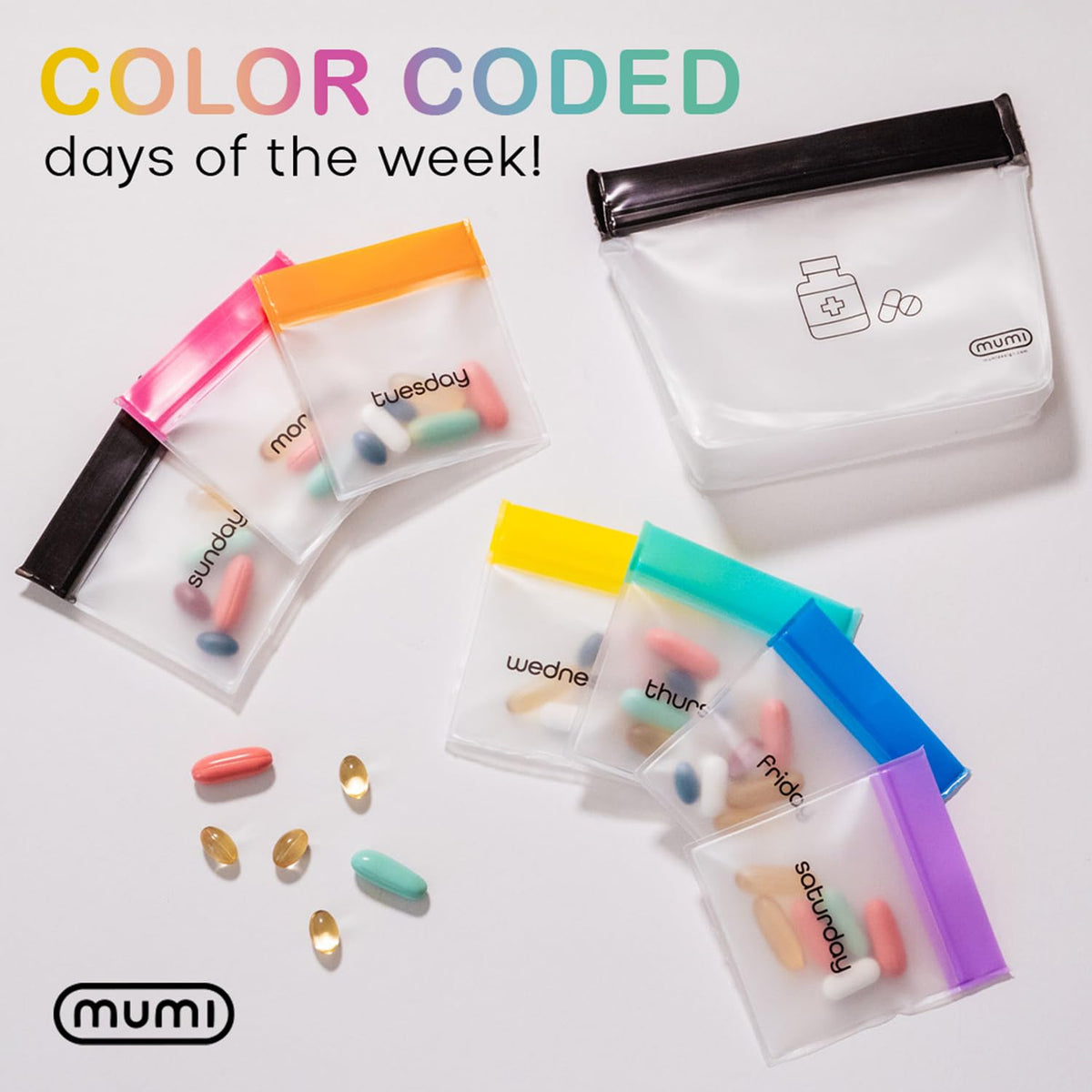 MUMI Pill Pouch Set, Travel Pill Organizer 7 Mini Zipper Pouches, Small Pill Bags, Reusable Pouches for Medicine Travel, Pocket Pill Organizer, Purse Accessories, Vitamin Organizer