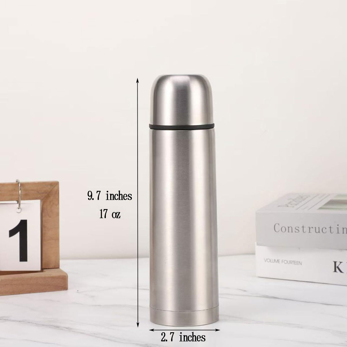 Stainless Steel Thermal Bottle with Cup Vacuum Insulated Bottle for Hot and Cold Drinks Coffee Cup Travel Mug Vacuum Flask for Tea 17Oz/500Ml(Silver)