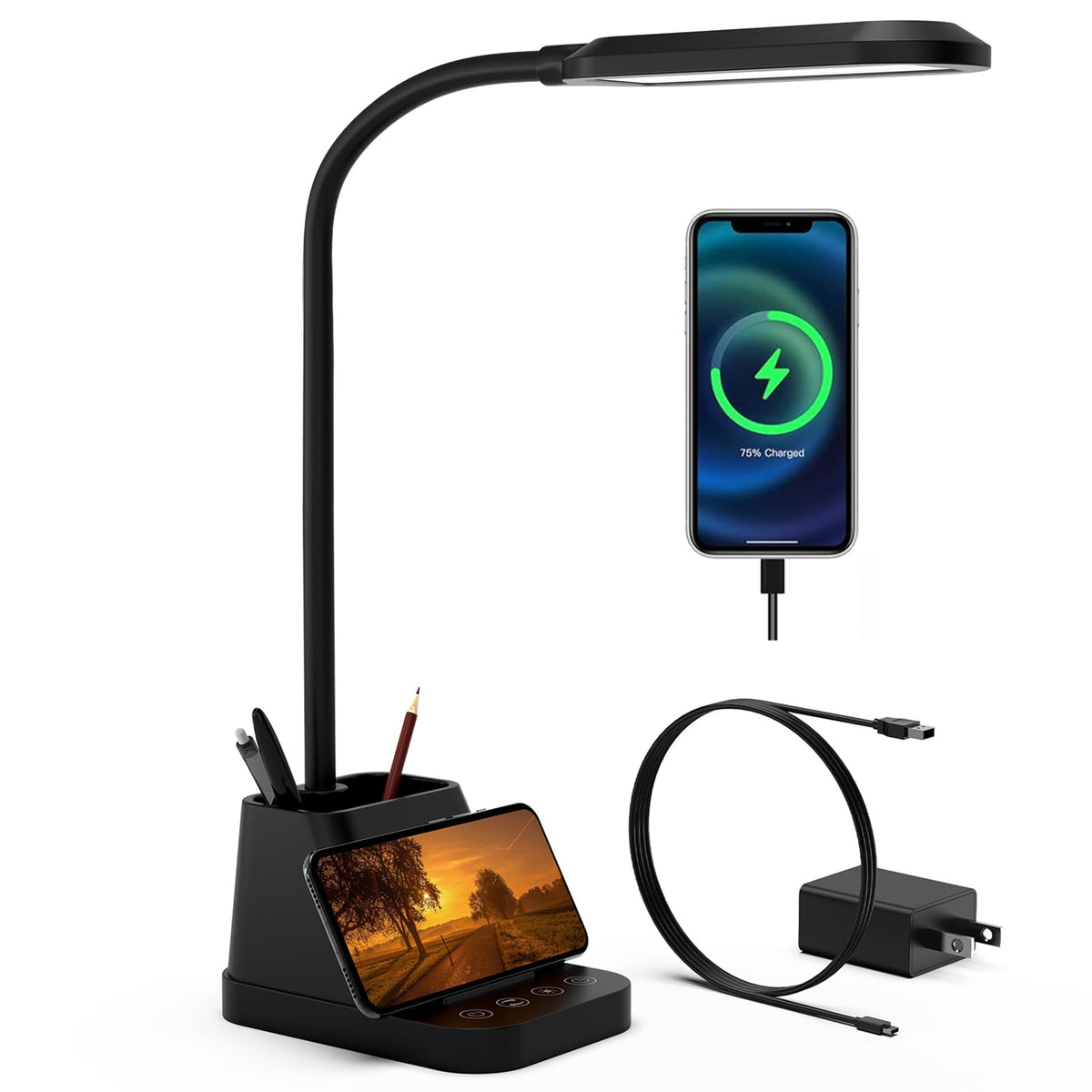 AXX LED Desk Lamp with USB Charging Port, Study Table Light for Home Office Bedrooms, Black, Flexible Gooseneck, Small, 650LM, Pen Holder, Timer Settings, School Essentials for College Dorm Room