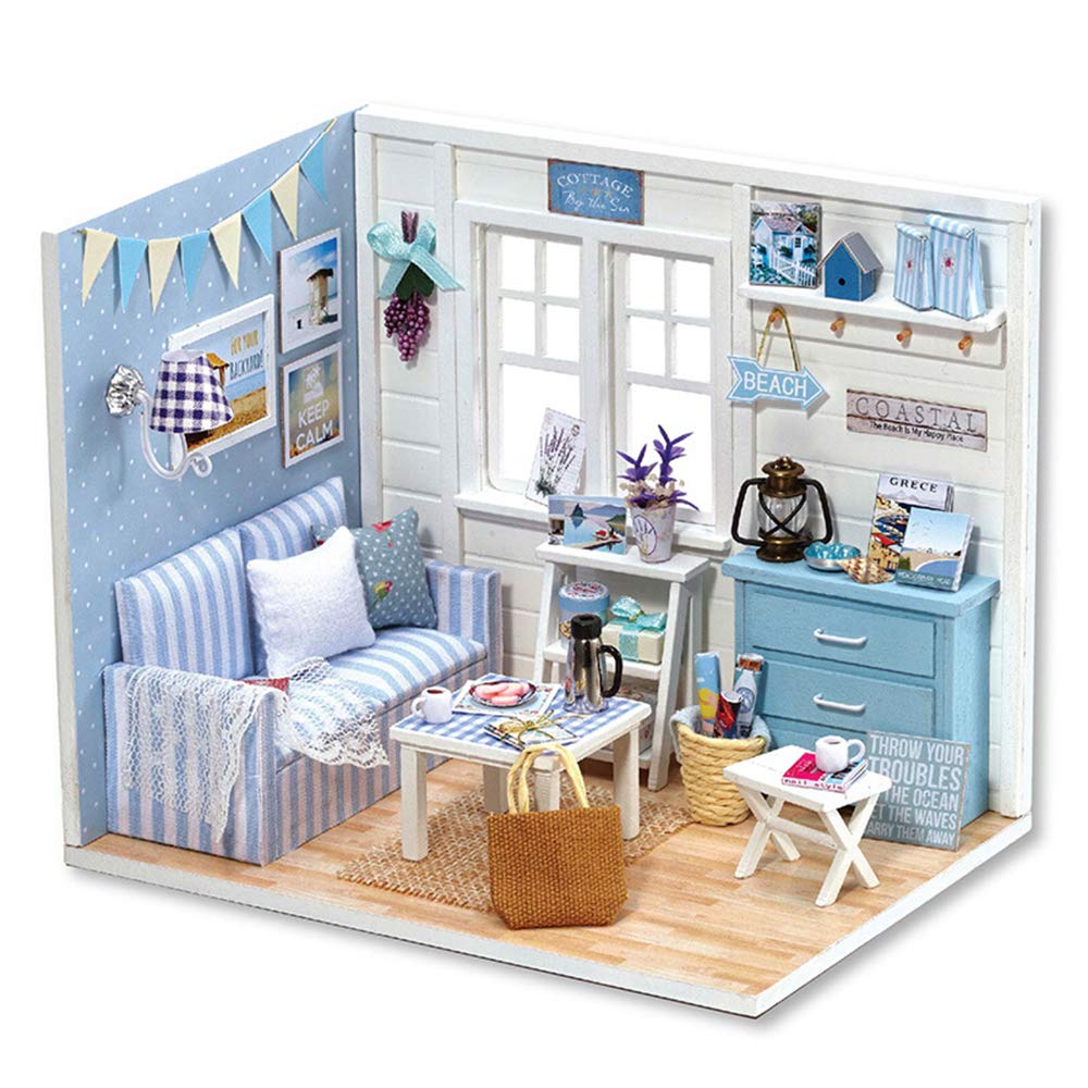TuKIIE DIY Miniature Dollhouse Kit with Furniture, 1:24 Scale Creative Room Mini Wooden Doll House Accessories Plus Dust Proof for Kids Teens Adults(Beach Cottage)
