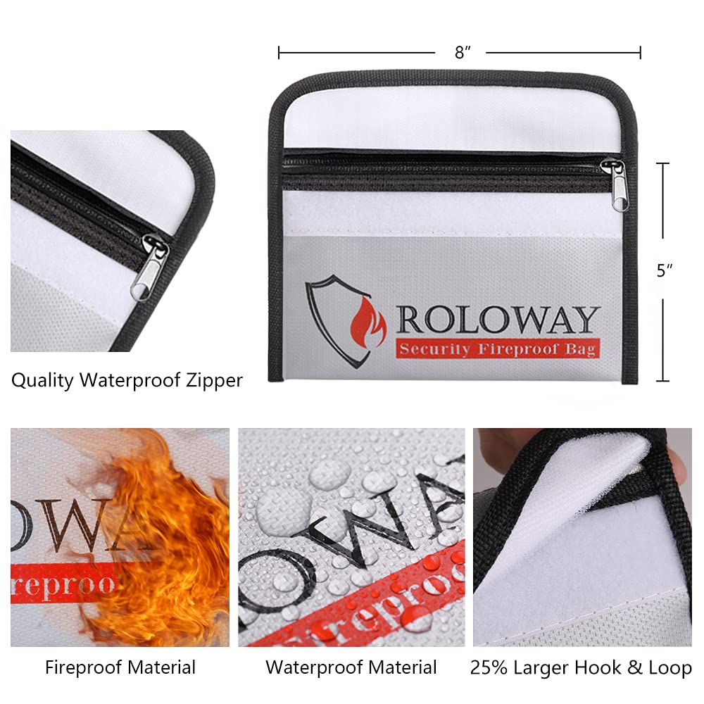 ROLOWAY Small Fireproof Bag (5 x 8 inches), Non-itchy Fireproof Money Bag for Cash, Valuables, Passport, Currency & Keys (2-Pack Silver)
