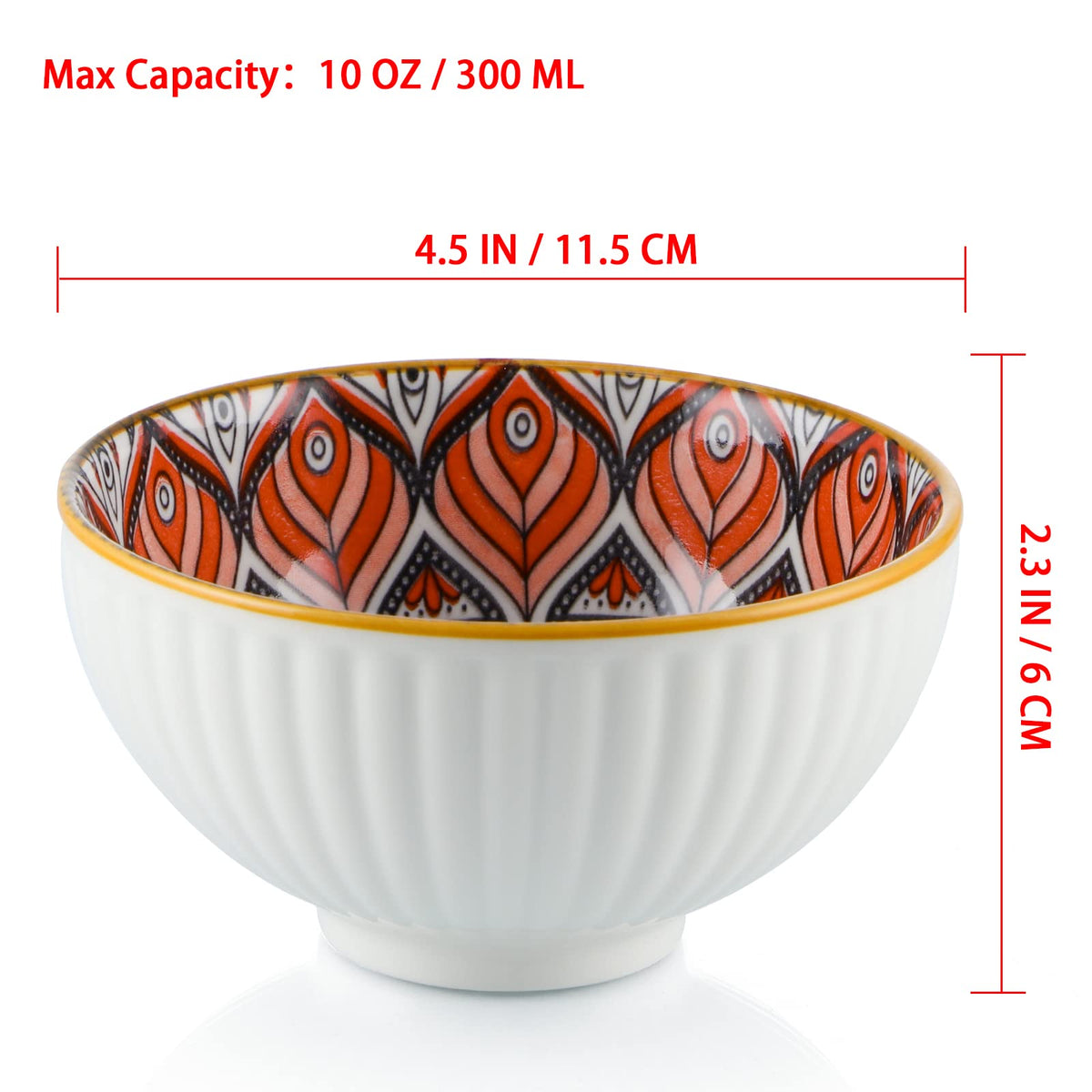 Sanbege Ceramic Rice Bowls 10 oz, Bohemian Style Bowl Gift Set, Assorted Dinnerware Serving Bowls for Cereal, Soup, Dessert, Snack, Fruit, Salsa, Pack of 6 (Geometric Pattern)