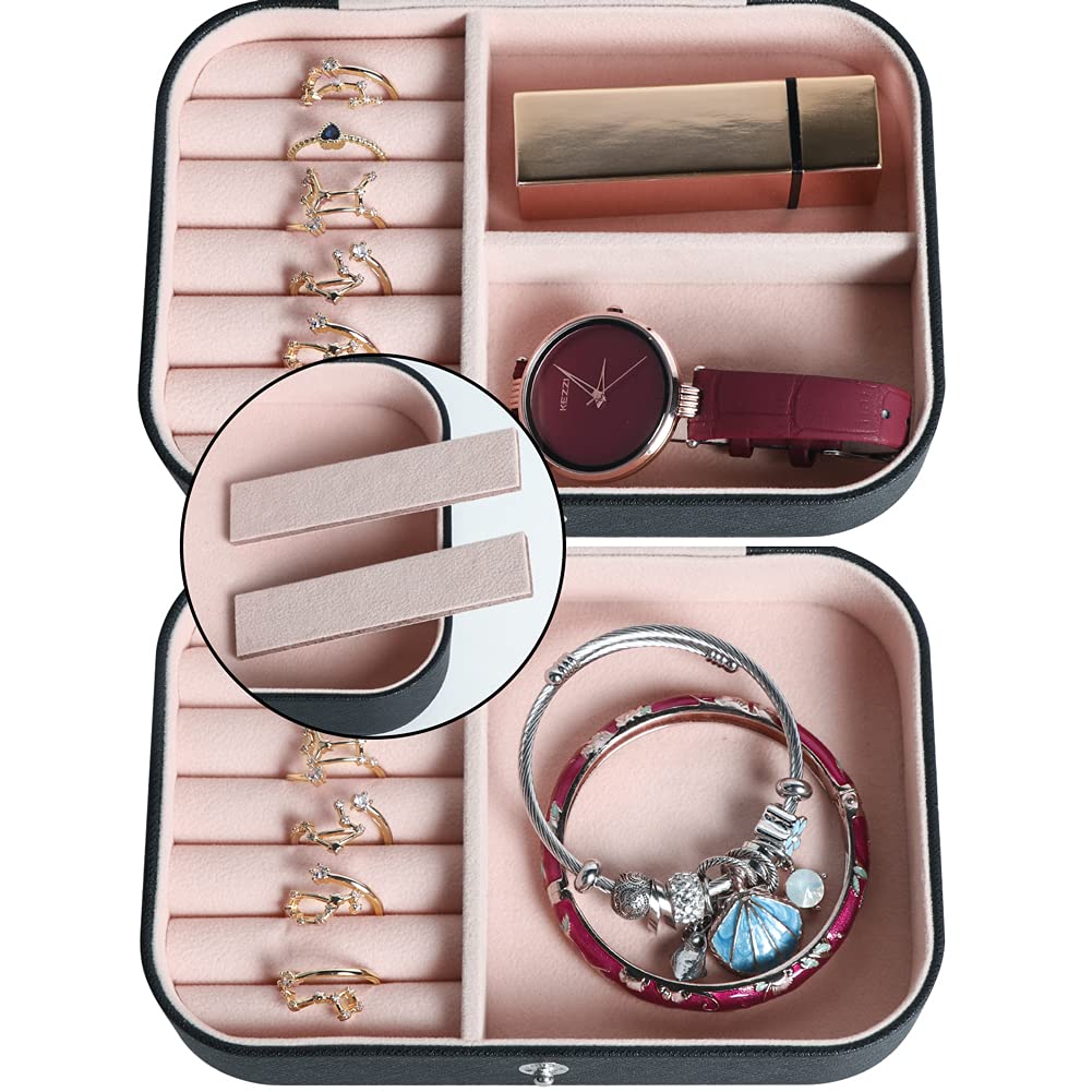 Hatori Travel Jewelry Box, PU Leather Small Jewelry Organizer for Women Girls, Portable Mini Travel Case Display Storage Holder Boxes for Stud Earrings, Rings, Necklaces, Bracelets (Black Beige)