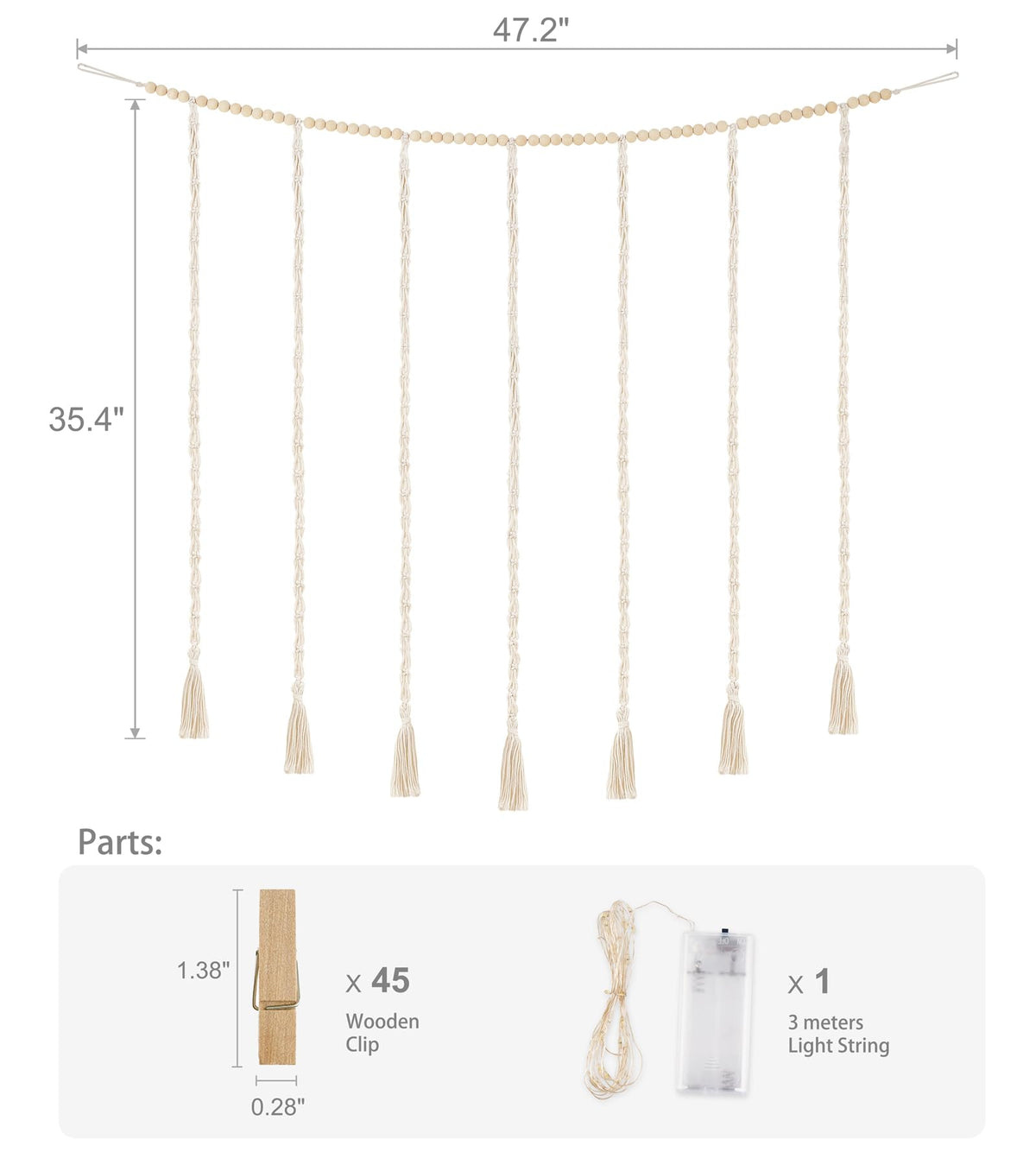 Mkono Macrame Hanging Photo Display Wall Decor with String Lights, Boho Wooden Beads Garland Collage Picture Card Frame Holder with 45 Clips for Bedroom Living Room Dorm, Teen Girls Christmas Gifts