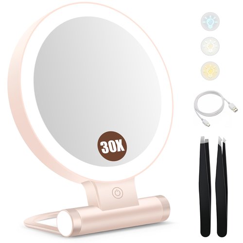 B Beauty Planet Magnifying Mirror with Light 30X, Double-Sided 1X/30X Magnifying Makeup Mirror with Tweezer, 2000mAh 3 Colour Modes with Adjustable Brightness,Foldable Compact Travel Mirror(Pink)