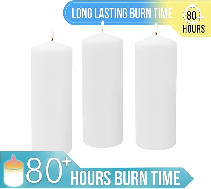 Stonebriar 3 Pack Tall 3 x 8 Inch 80 Hour Long Burning Unscented White Wax Pillar Candles