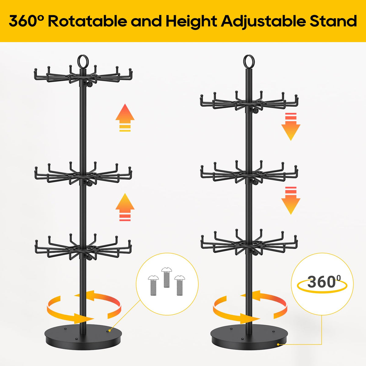 ORLESS 3 Tier Rotating Jewelry Display Stand, Keychain Display Stand with 36 Hooks, Black Metal Retail Display Spinning Holder for Vendor, Spinning Display Rack for Necklace Bracelet Earring Organizer