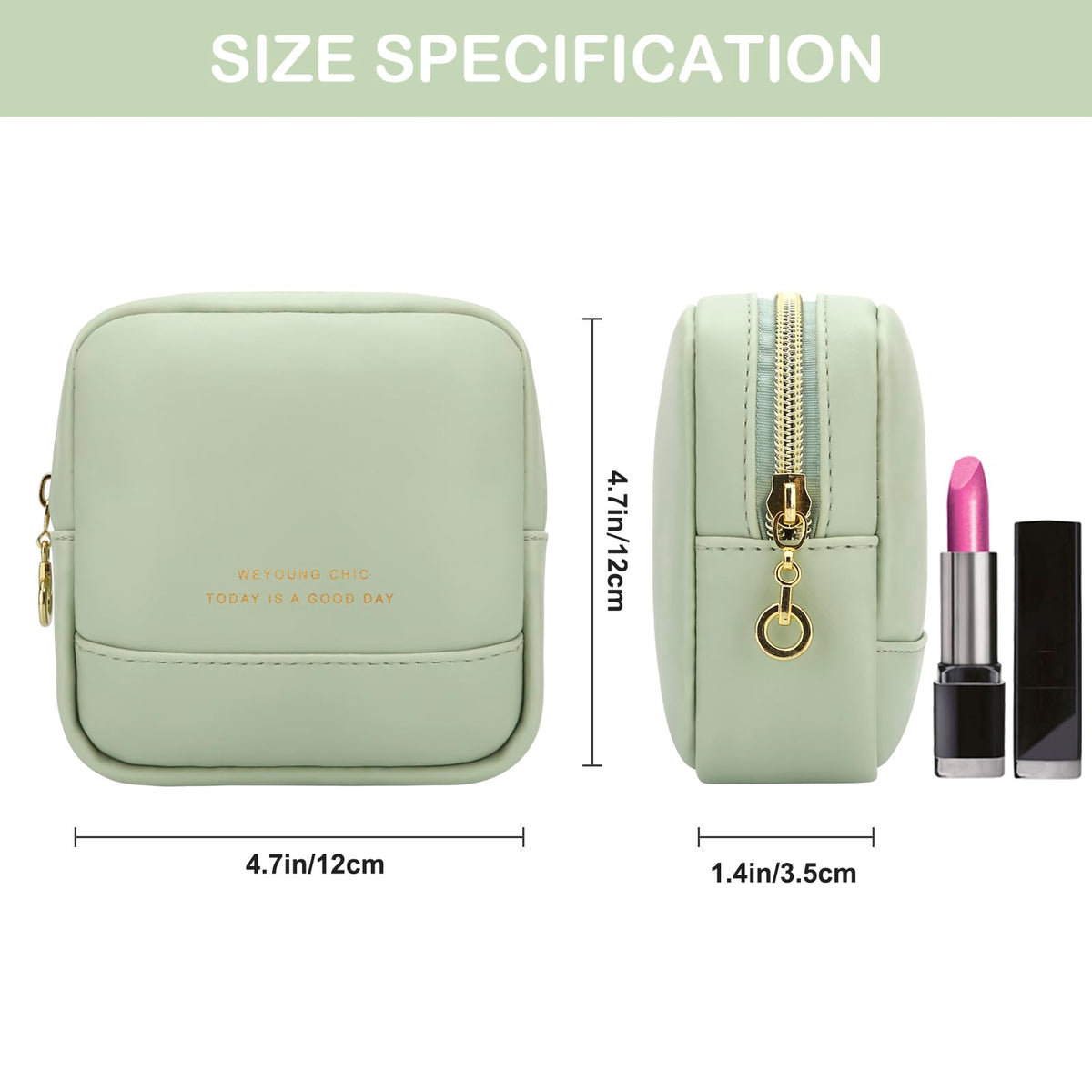 JINSI Small Makeup Bag for Purse,PU Leather Cute Travel Cosmetic Pouch Mini Make Up Bag for Organizer Toiletry Case for Women Girls with Interior Pockets and Zipper (Green)