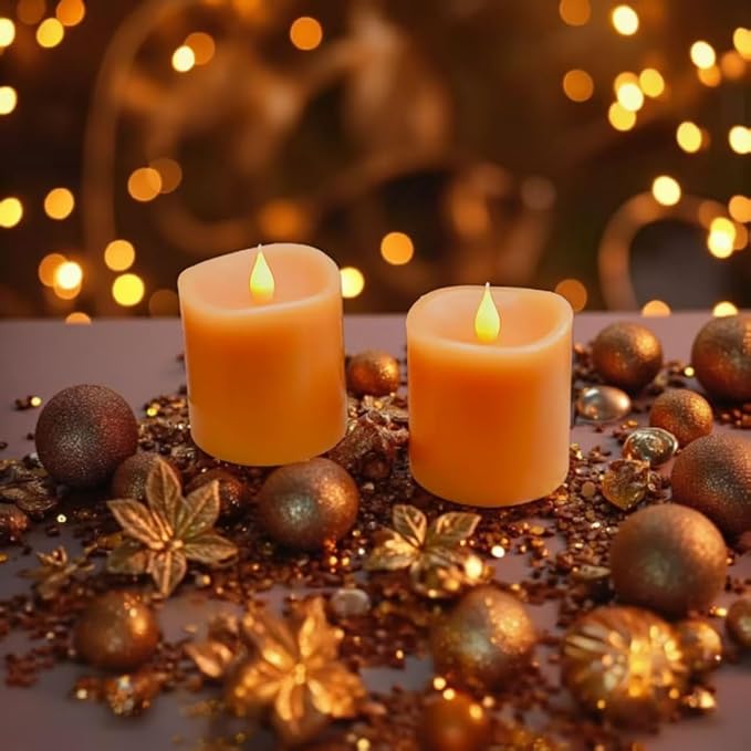 Fall Flameless LED Candles 3 inch Diameter Real Wax 2AA Battery Operated 600hr+ Flickering Candles with Timer Remote Control for Halloween Thanksgiving Christmas Indoor (Orange, 3″×3″- 2 PCS)