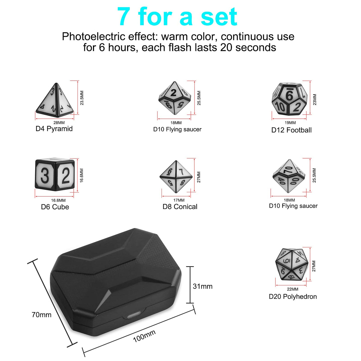 HTPOW Light Up DND Dice Set of 7 USB Rechargeable Role Playing Dice with Charging Box, Valentine's Day Gift Shake to Light up LED Dice for Dungeons and Dragons Role Playing Tabletop Games