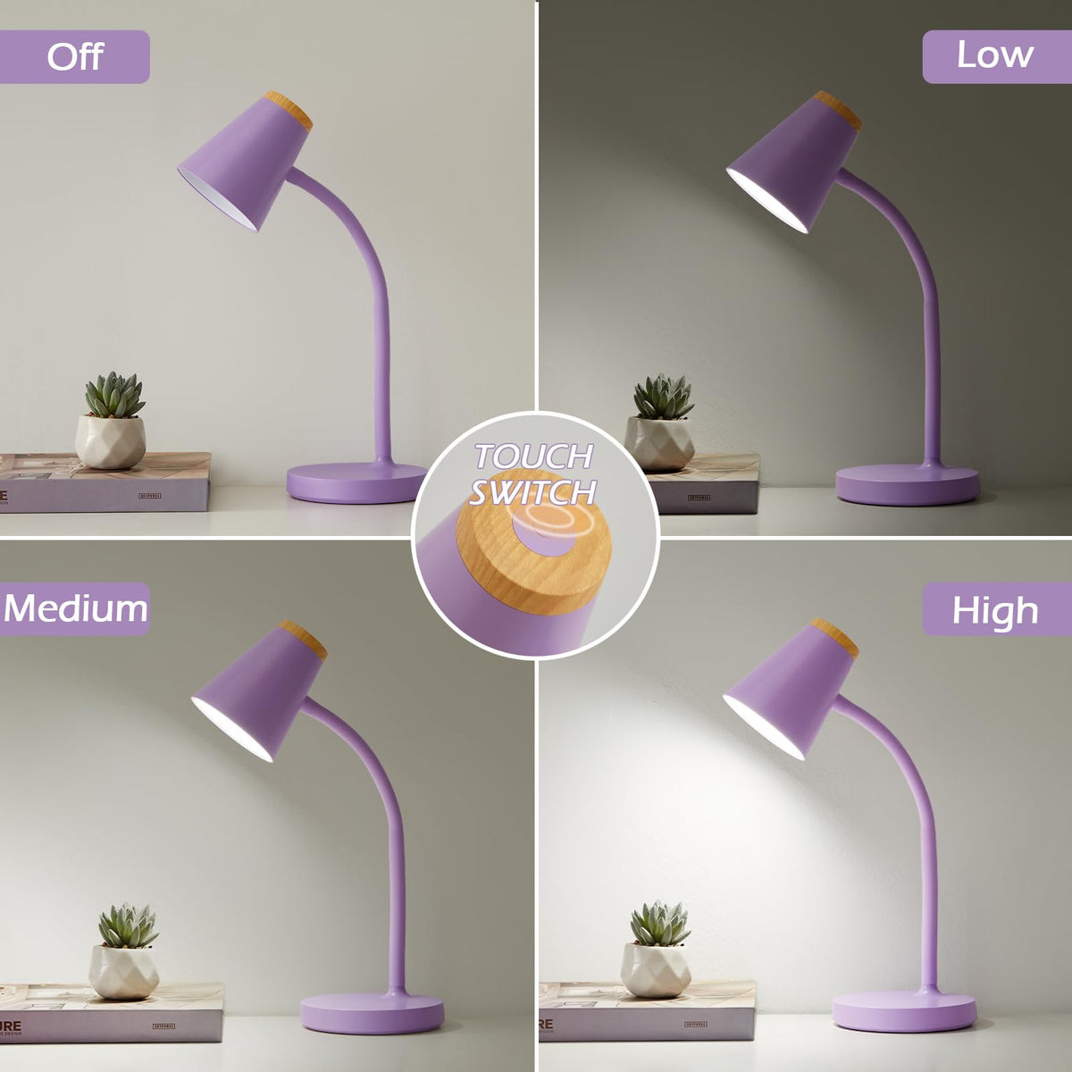 EJIAXIN Desk Lamps for Home Office - Small LED Desk Lamp Touch Dimmable Reading Light for College Dorm Room - Adjustable Flexible Gooseneck Table Lamp for Bedside Bedroom Nightstand Purple