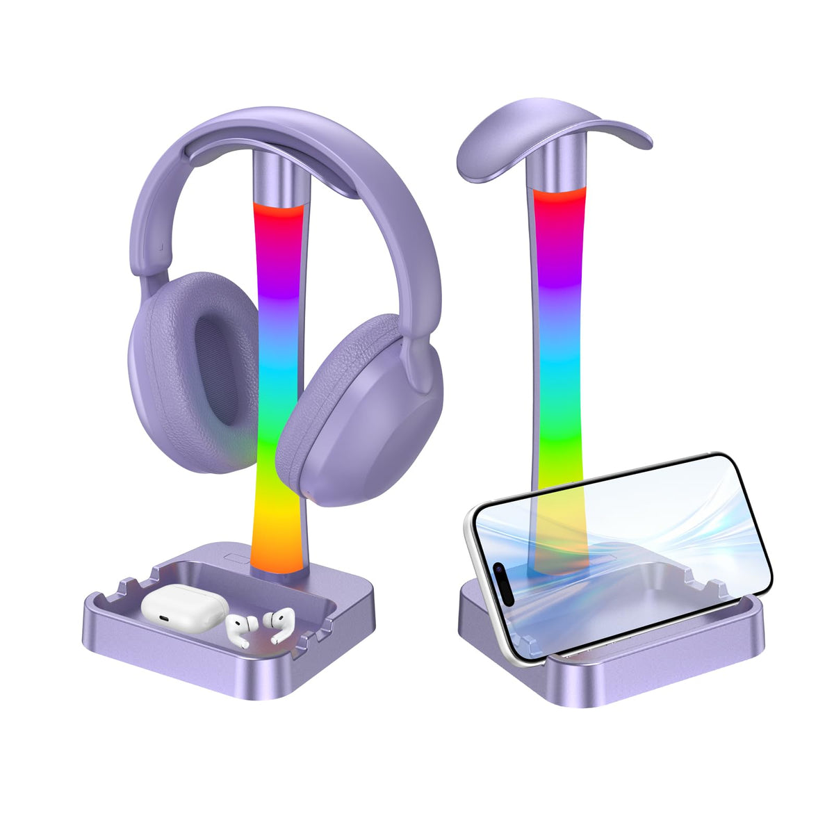 Tascaquin Headphone Stand with Charger,Gaming Headset stand with RGB Light Mode,For Airpod Max Stand,Desk Lamp,Phone Holder,Tablet Holder,desktop organizer,Gifts for Gamers & Music Lover (Purple)