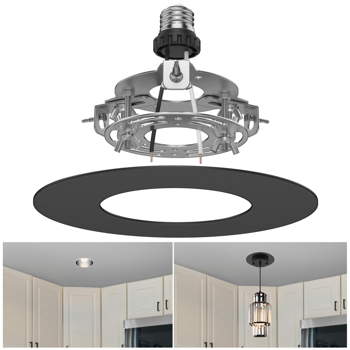 YIIZON 5" and 6" Recessed Can Light Conversion Kit, Fixture Upgrade, Pendant & Hanging Light, Ceiling Fan Compatible, 7¾ Inch Flat Steel Ceiling Medallion, Black Finish