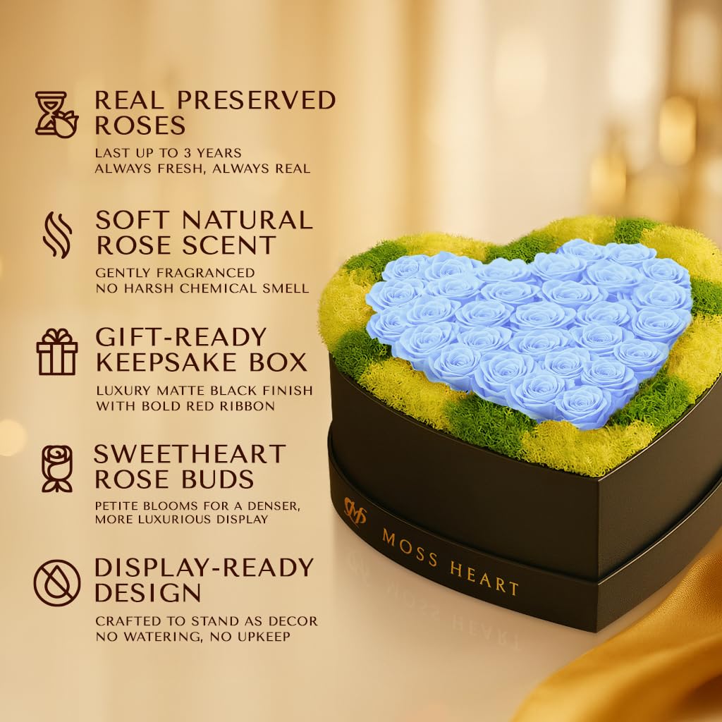 Moss Heart 30 Petite Preserved Roses, Heart Shaped Box, Real Forever Roses with Moss Last 1+ Year, Romantic Gift for Women, Wife, Girlfriend, Mother’s Day, Birthday, Anniversary, Valentine’s Day