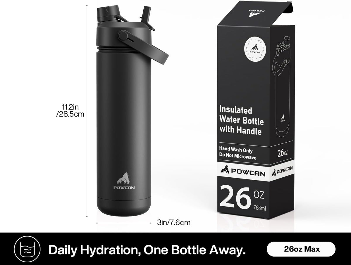 POWCAN 26 oz Insulated Water Bottle - 2-in-1 Straw & Spout Lid, Leak-Proof, Fits Car Cup Holder | Dark Knight