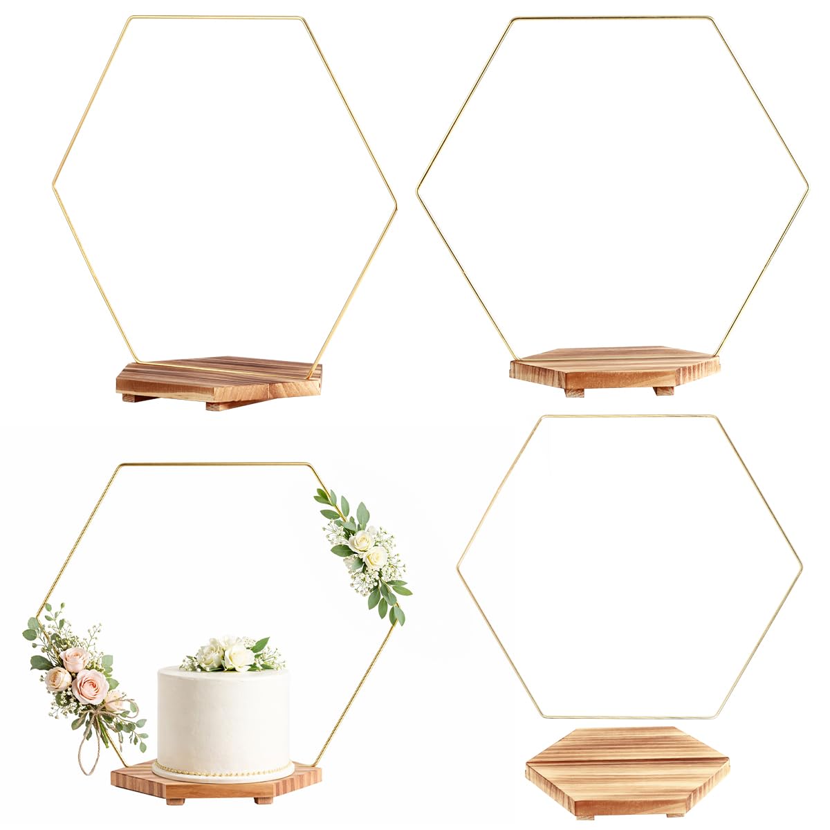 MJRASG 4 Pack Hexagon Floral Hoops with Wooden Stand, 12 Inch Metal Rings for Wedding Centerpiece Table Decorations Crafts Wreath Wedding Birthday Party Candle Rings, DIY Floral Displays