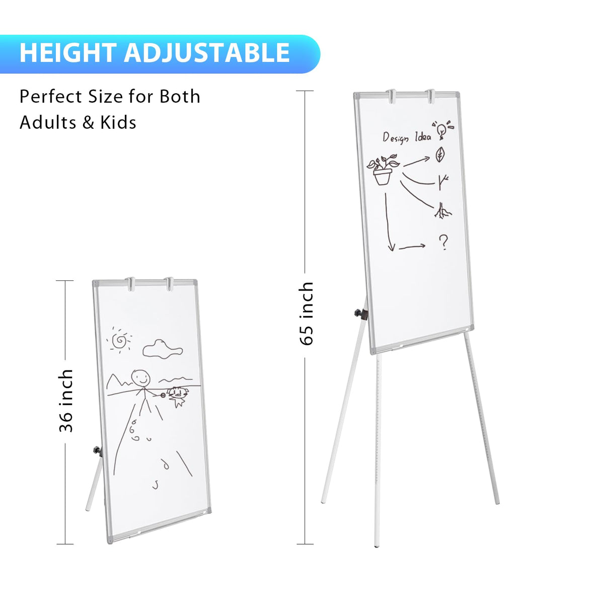 Easel Whiteboard - Magnetic Portable Dry Erase 36 x 24 Tripod Height Adjustable, 3' x 2' Flipchart Easel Stand White Board for Office or Teaching at Home & Classroom (36x24 White)