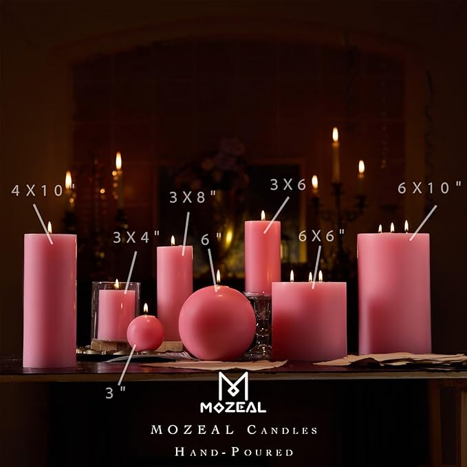 MOZEAL 3" x 8" Hand-Poured Unscented Large Candle,Smokeless Rustic Pillar Candle Set of 2,Slow Burn,No Drip,Approx 150 Hours Burning,Wedding,Dinner,Christmas and Home Decorative,Tall Pink Candle