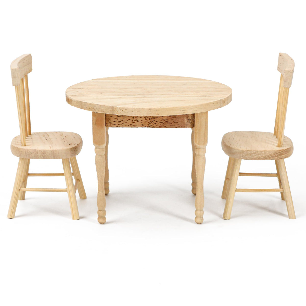1/12 Miniature Dollhouse Round Table and 2 Chairs Dining Set, Mini Wooden Unpainted Burlywood Barbie Kitchen Furniture Accessories