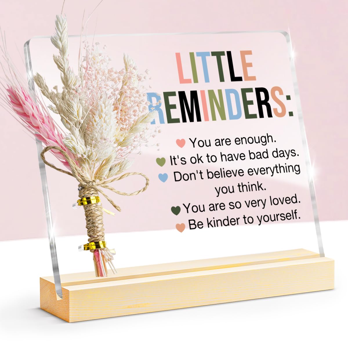 Inspirational Motivational Gifts Little Reminders You are Enough Clear Desk Decorative Sign, Bouquet Acrylic Sign With Wooden Stand for Office Desk Table Shelf
