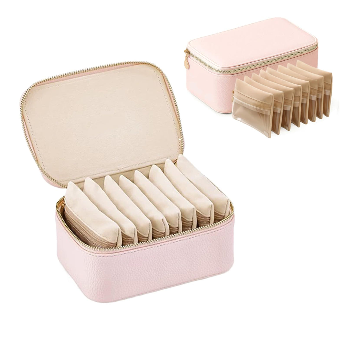 Jeonnfp Jewelry Box Organizer for Women,Small Travel Jewelry Case,Mini Travel Jewelry Organizer with 8 Velvet Jewelry Zipper Pouches, Jewelry Box Organizer for Christmas Birthday(Pink)