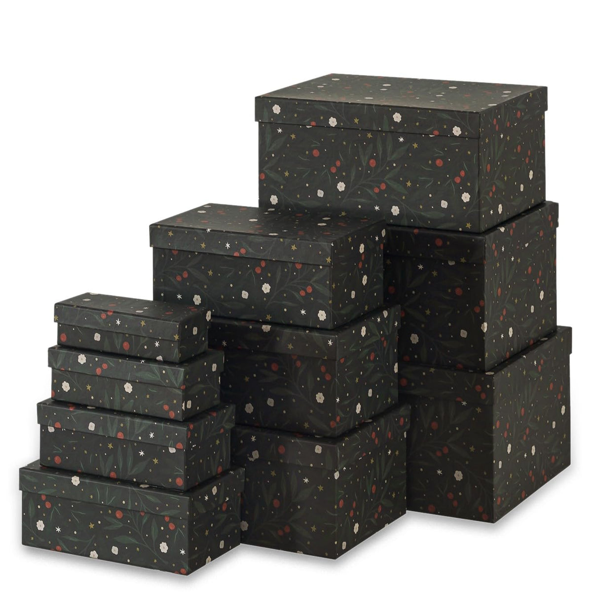 Soul & Lane Christmas Boxes with Lids - Set of 10, Charming Festive Gift Boxes, Decorative Cardboard Holiday Storage with Enchanting Leafy Botanical Pattern