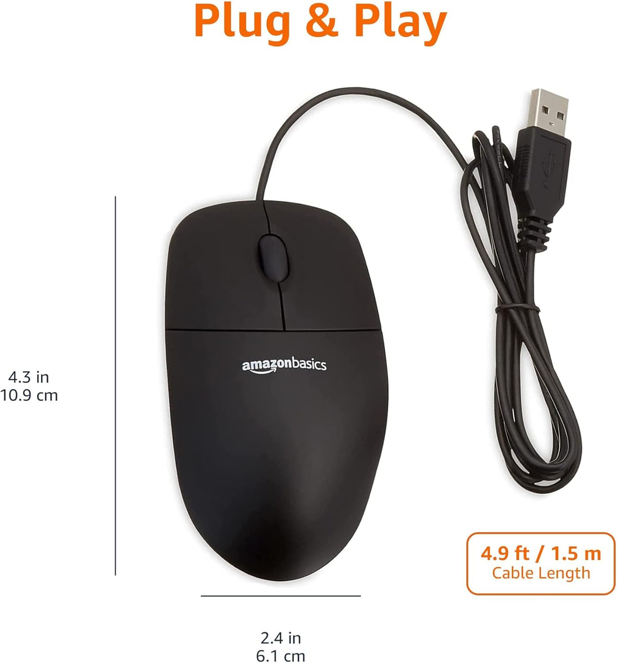 Amazon Basics 3-Button Wired USB Mouse - Design, Black