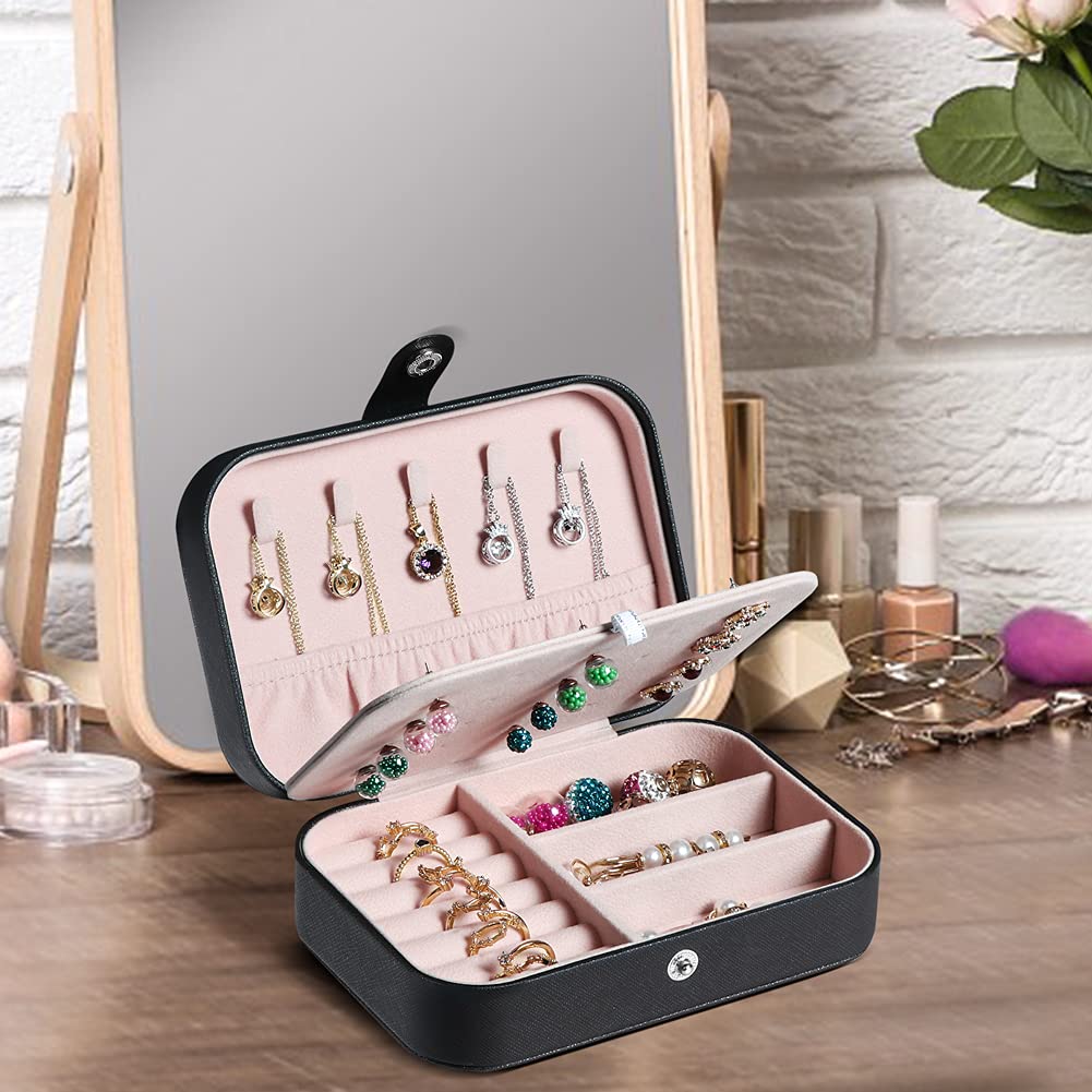 Hatori Travel Jewelry Box, PU Leather Small Jewelry Organizer for Women Girls, Portable Mini Travel Case Display Storage Holder Boxes for Stud Earrings, Rings, Necklaces, Bracelets (Black Beige)