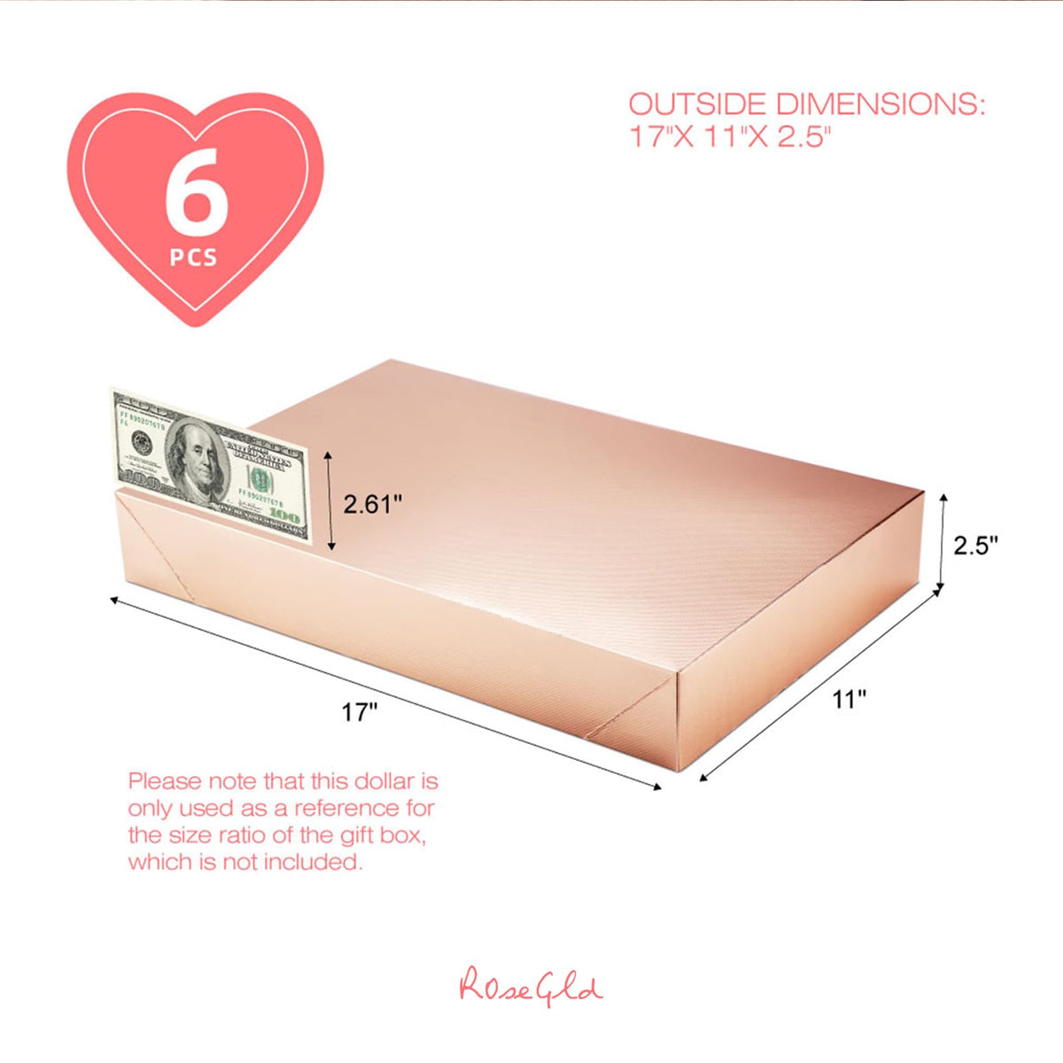 ROSEGLD 6 Extra Large Gift Boxes with Lids - 17x11x2.5 Inches, Rose Gold Gift Wrap Boxes with Grain Texture for Clothes & Apparel