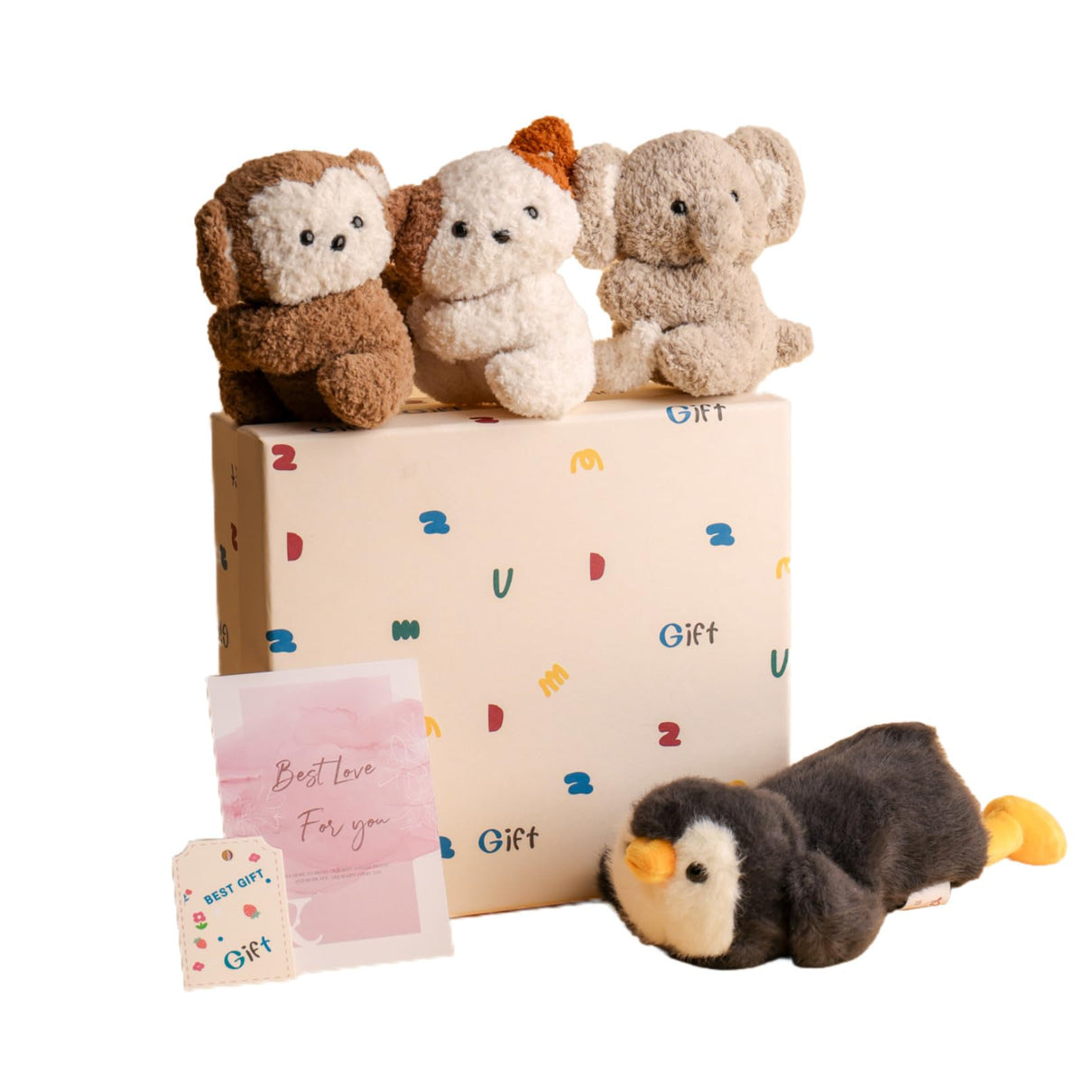Cute Animal Plush Gift Set-Penguin Wrist Rest & 3 mini Plush Clips(Monkey,Dog,Elephant) Kawaii Cozy Desk Decor for Office, Study, Home,Gift Box Included