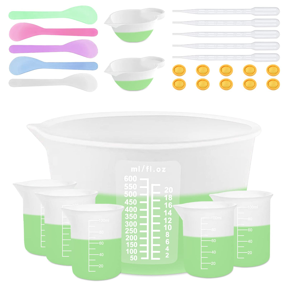 Silicone Measuring Cups for Resin Supplies - Kit with 600ml & 100ml Mixing Cups and Tools for Molds, Epoxy, Cooking, Casting Moulds, Jewelry Making
