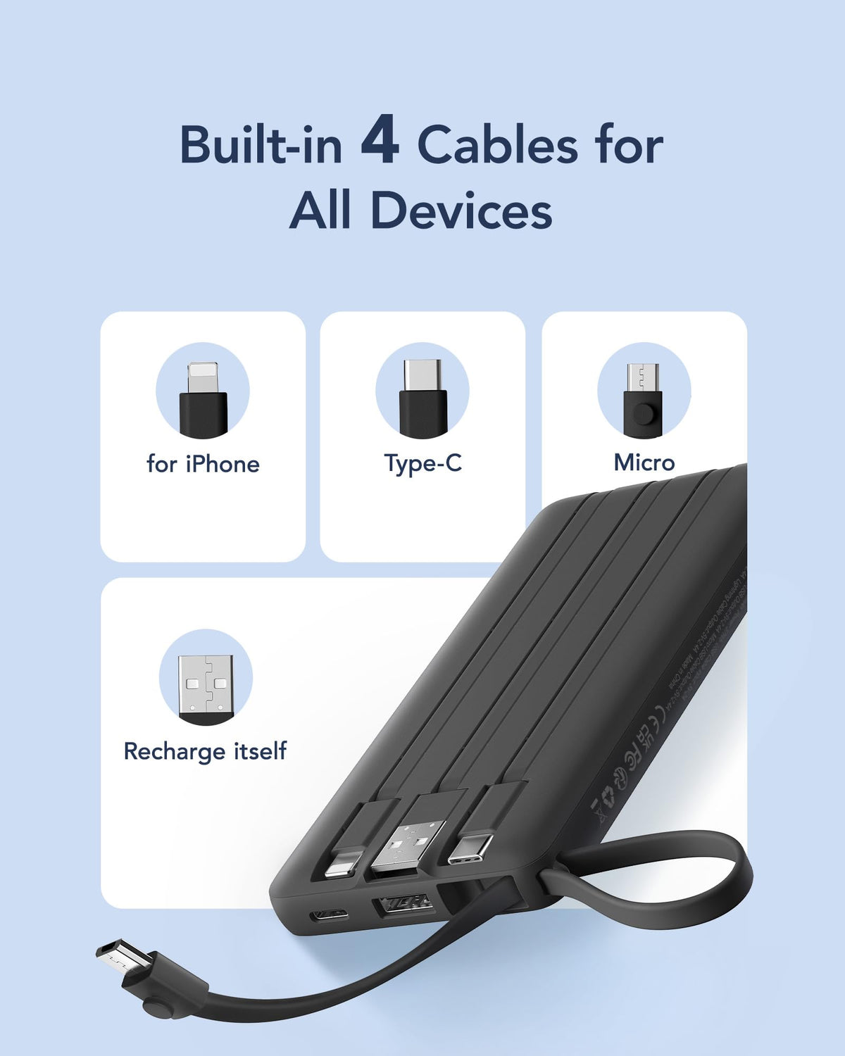 VRURC Portable Charger with Built in Cables, Slim Power Bank 10000mAh, USB C Travel Battery Pack, 5 Output 2 Input External Charging Bank for iPhone 17 16 15 14 13,Samsung,Android-Black(1 Pack)