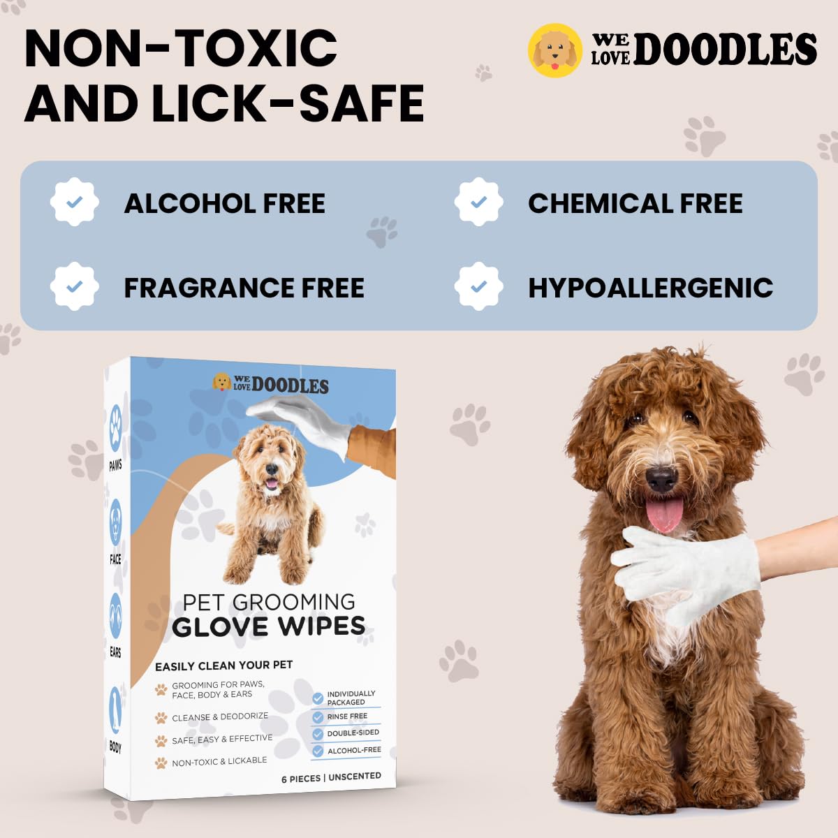 We Love Doodles Dog Gloves Wipes & Dog Slicker Brush Bundle - Pet Bathing Wipes for Dogs, Paws, Face, Body, Ears - Pet Grooming Detangler Pin Dog Brush, Goldendoodle Long Pin Brush for Dematting