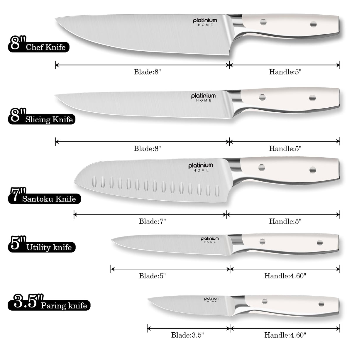 Kitchen Knife Set of 5,Professional Chef knife High Carbon Stainless Steel White Chefs Knives for Home Cooking, Includes Chef, Santoku, Boning, Utility, Peeling Knives with Gift Box
