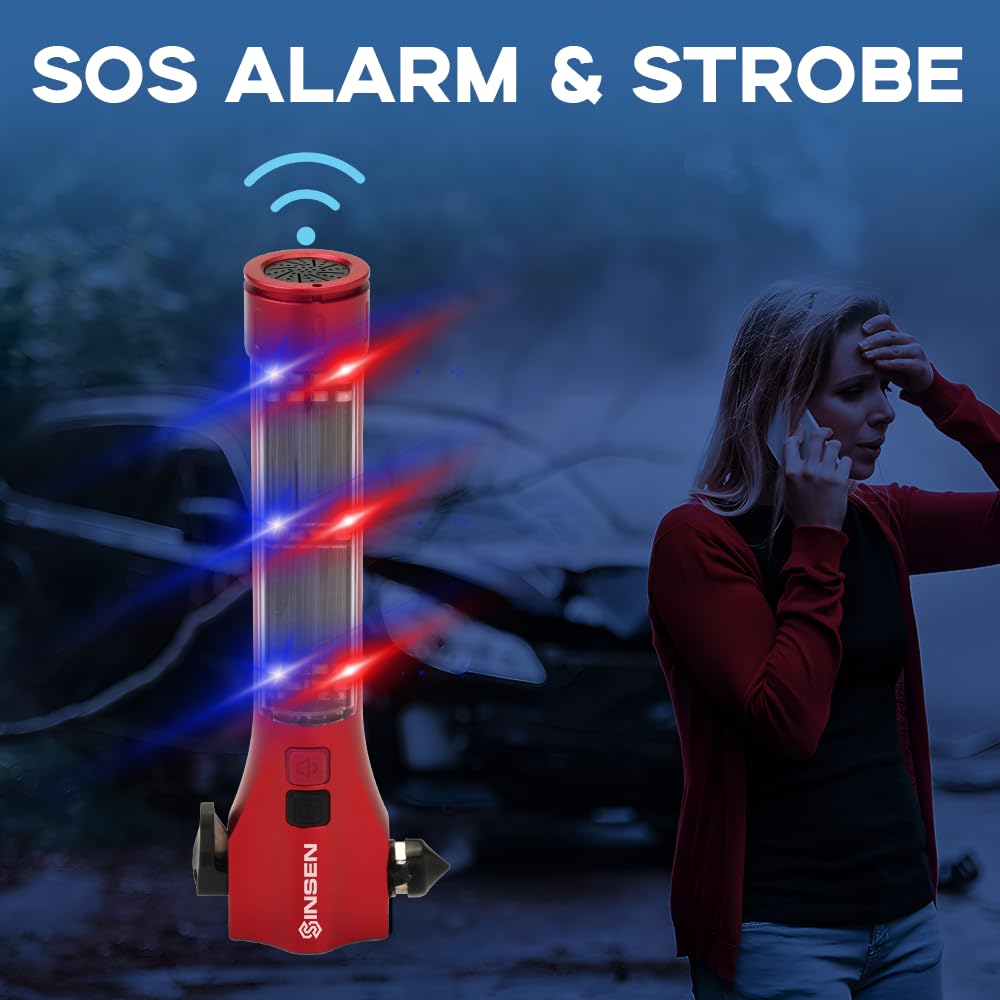 SINSEN Emergency Flashlight for Car, Seatbelt Cutter Window Breaker, 16-in-1 Multifunctional Safety Tool—Glass Hammer/Bright Solar Torch/Rechargeable/Rescue Alarm & Beacon/Repair Magnet