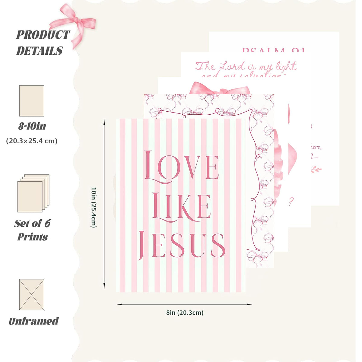 Pink Christian Wall Art Decor Posters Pink bow scriptures Inspirational Bible Wall Decor Room Bedroom Bathroom Dorm Wall Art Decor for College Teen Girls Gifts 10x8 Inch Set of 6pc Pictures UNFRAMED