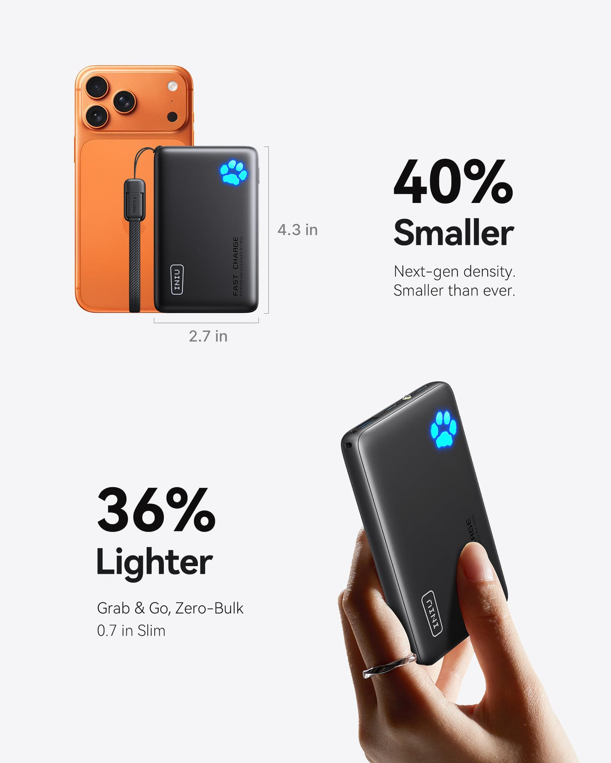 INIU Portable Charger, Smaller & Lighter 45W Fast Charging with Attached USB C Cable, Flight-Safe 10000mAh PD Power Bank Battery Pack, Travel Phone Powerbank for iPhone 17 16 15 Samsung S25 Google etc