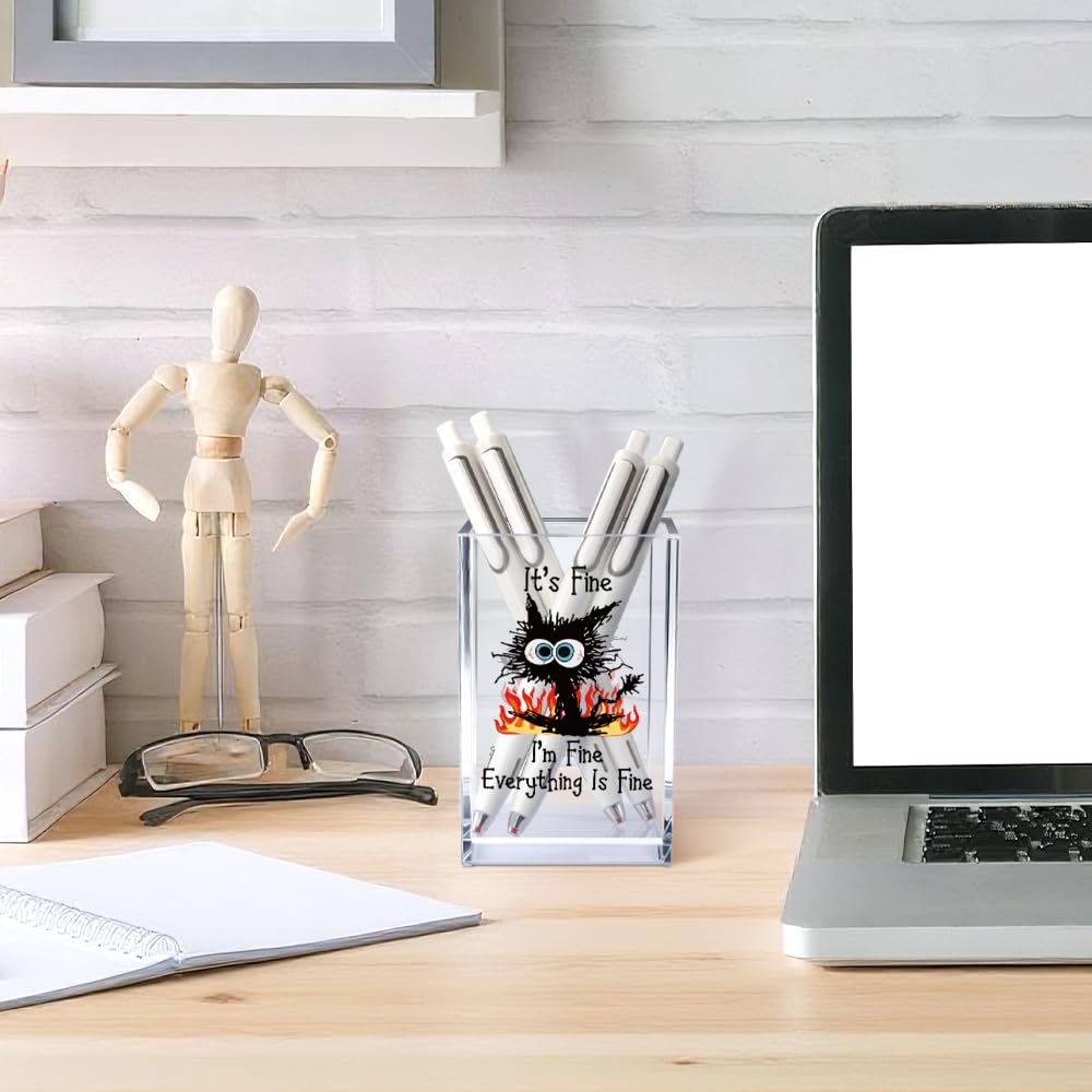 Vgrti It's Fine I'm Fine Acrylic Cosmetic Pencil Pen Holder Cup, Funny Black Cat Pen Holder Cup, Cat Lover Gift for Women Men, Office Sarcastic Gifts for Women Men Colleague Boss