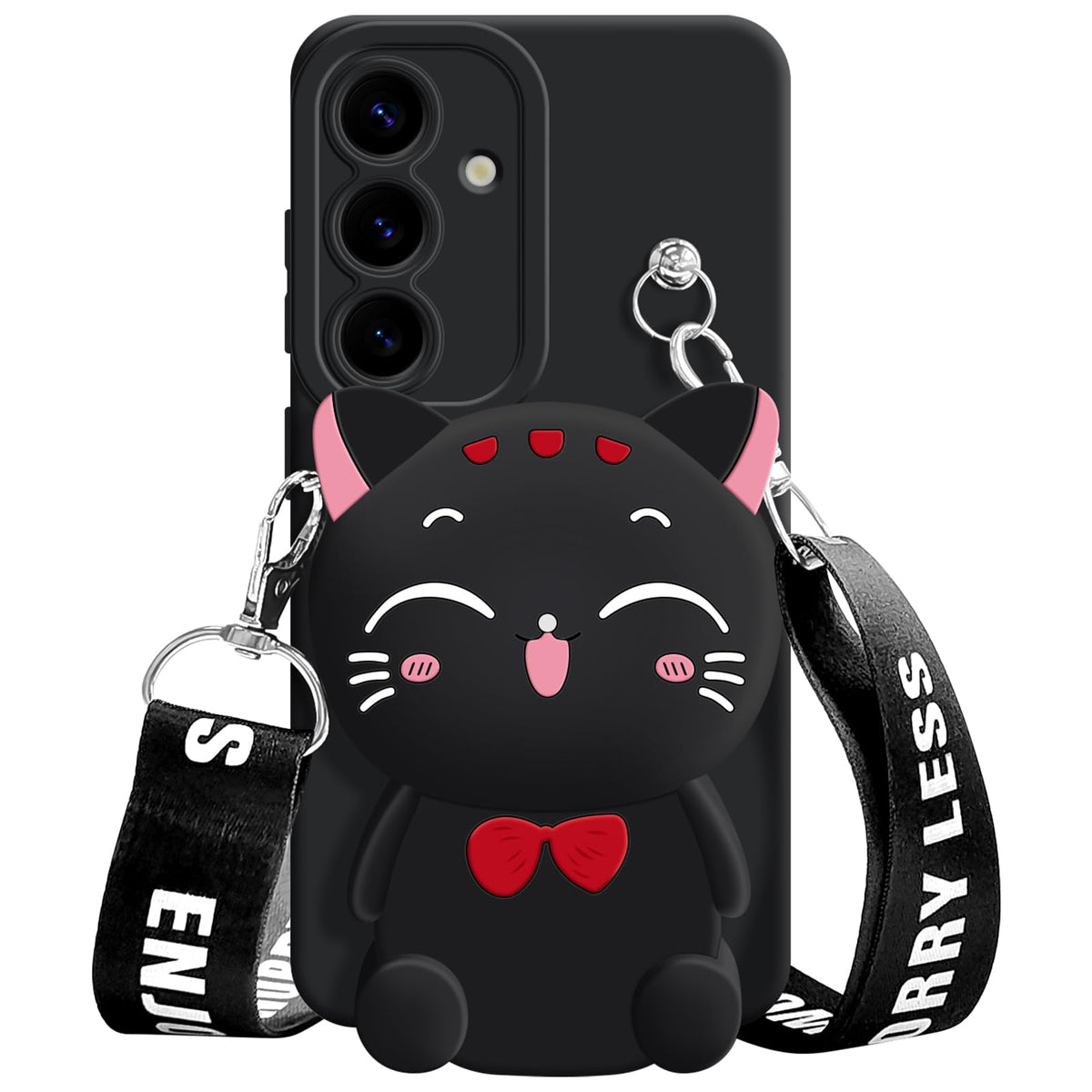 SGVAHY for Samsung Galaxy S25 Plus Case, Cute Black Lucky Cat Coin Purse Fancy Phone Case for Women Girls with Crossbody Strap Kawaii Soft Silicone Cover for Galaxy S25 Plus