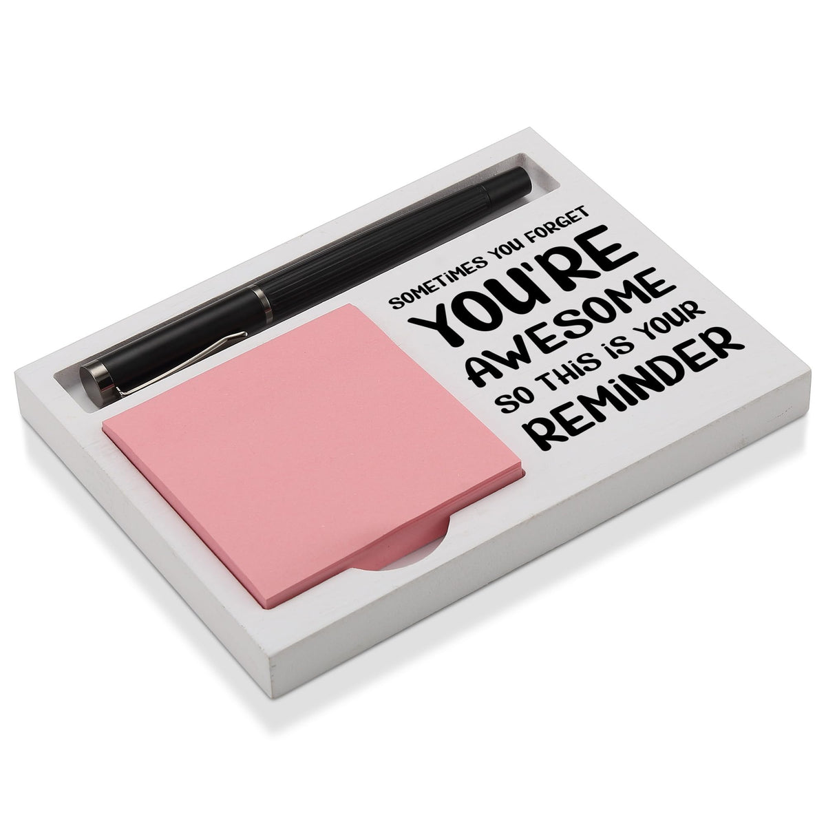 You're Awesome Desk Note Holder Motivational Gift for Coworker Friend Boss, White Wood Pen and Sticky Note Organizer Tray, Inspirational Office Decor for Women Men, Appreciation Gift, NPB604